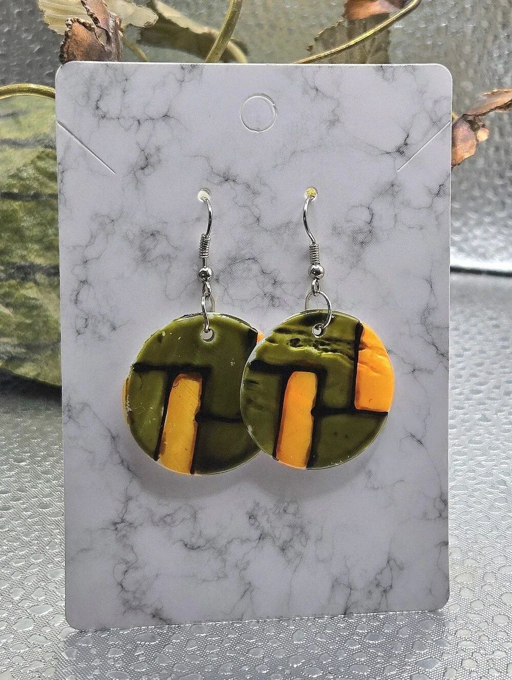 "5/$40" Handpainted Mid Century Modern Abalone Shell Orange/Green  Earrings